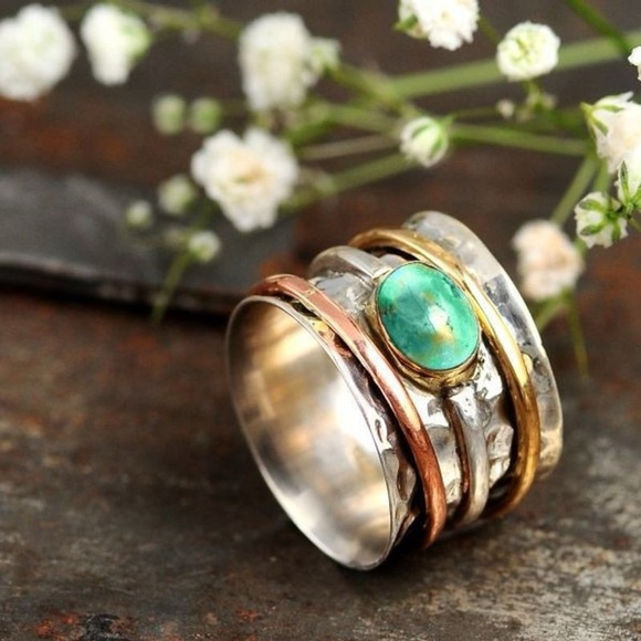 🔥NEW Faux Turquoise Multi-metal Gold Copper Hammered Silver Fashion ring gift - Picture 2 of 4